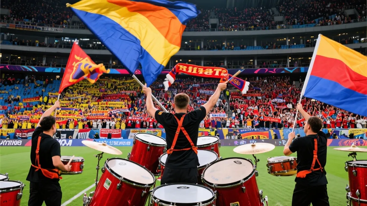 球迷看台统一配色与道具协同，旗帜与围巾形成连续色块的视觉冲击