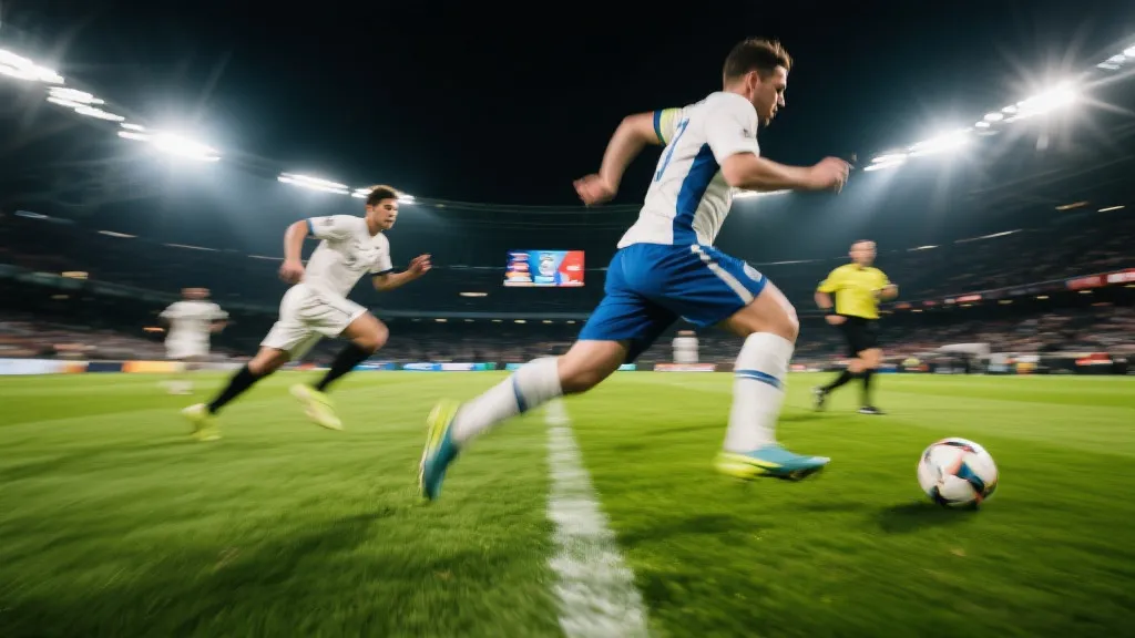 半决赛淘汰赛紧张氛围，球员在灯光下对抗与奔跑